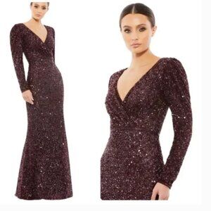 MAC DUGGAL 5510 PUFF SHOULDER SURPLICE SEQUINED MAHOGANY COLUMN GOWN sz 18